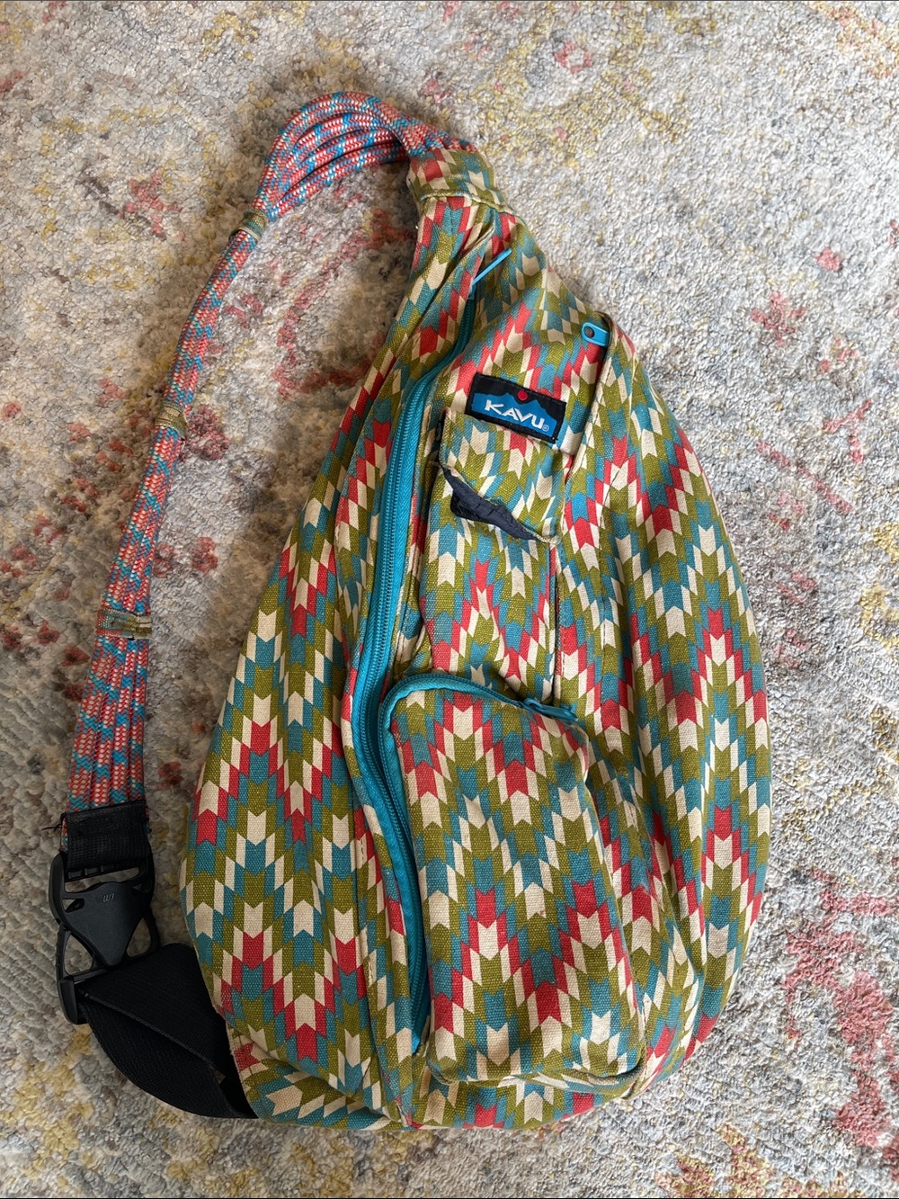 Kavu Multicolor Chevron Sling Bag - Olive, Teal, Red, Cream